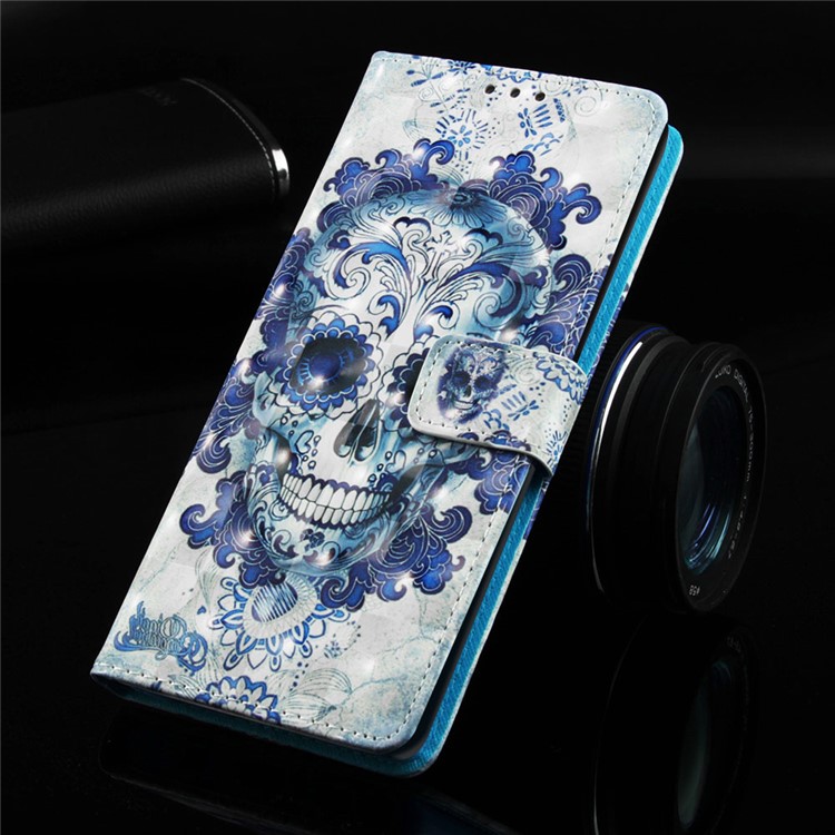 Pattern Printing PU Leather Wallet Case with Strap for Samsung Galaxy A40 - Blue Skull and Flowers-8