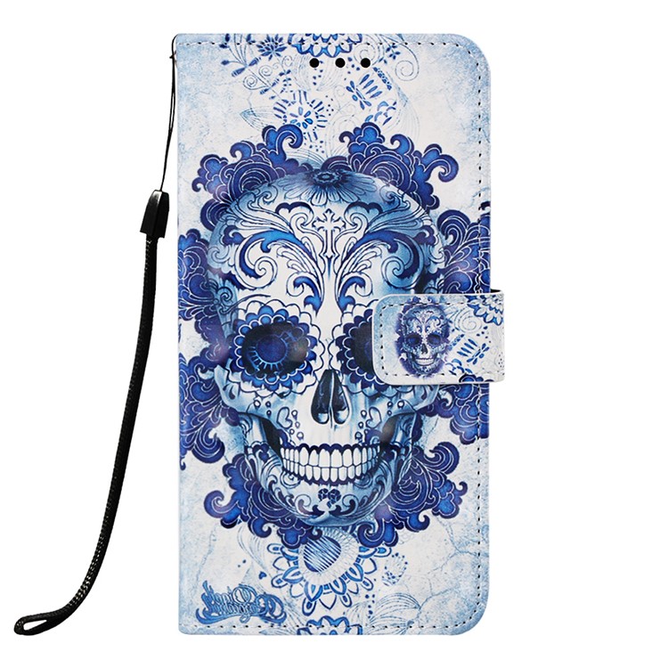 Pattern Printing Wallet Stand Leather Cover for Samsung Galaxy A20/A30 - Blue Skull and Flowers-2