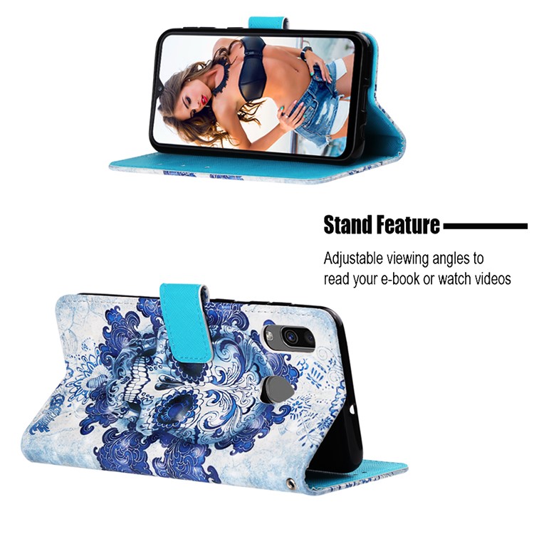 Pattern Printing Wallet Stand Leather Cover for Samsung Galaxy A20/A30 - Blue Skull and Flowers-4