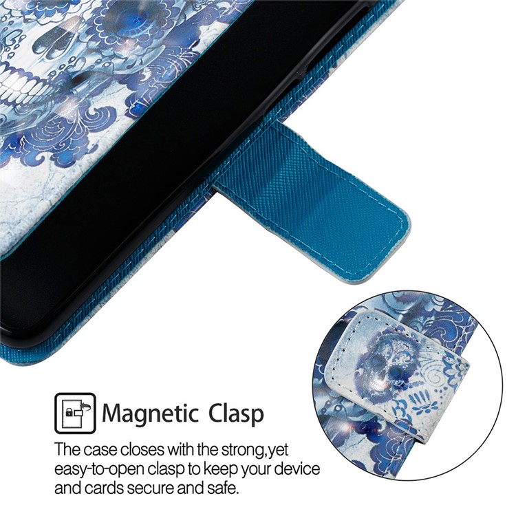 Pattern Printing Wallet Stand Leather Cover for Samsung Galaxy A20/A30 - Blue Skull and Flowers-5