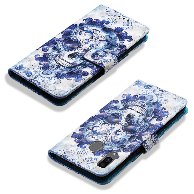 Pattern Printing Wallet Stand Leather Cover for Samsung Galaxy A20/A30 - Blue Skull and Flowers-7