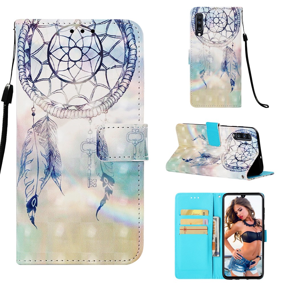 Pattern Printing Leather Wallet Case for Samsung Galaxy A70 - Feather Dream Catcher-1