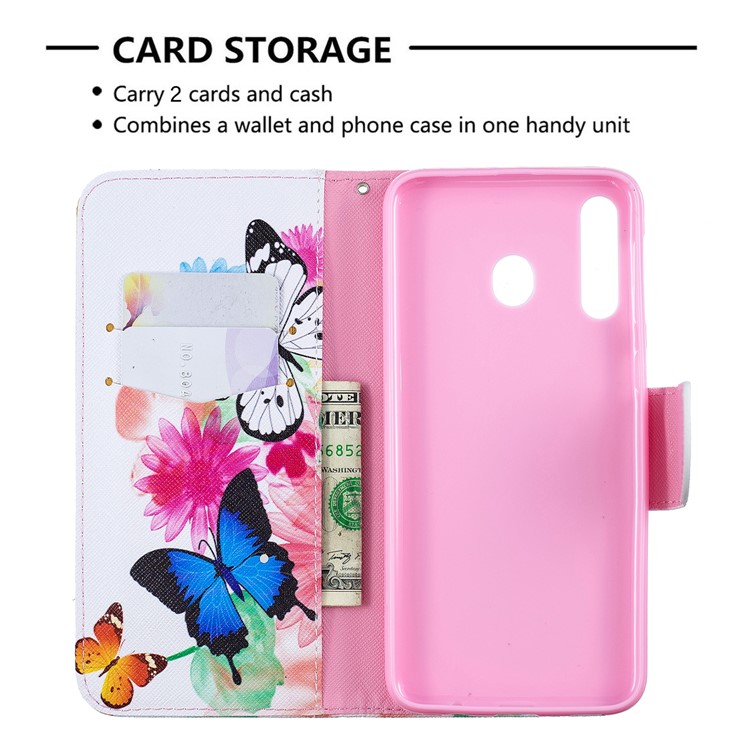 Pattern Printing PU Leather Flip Stand Case for Samsung Galaxy M30 - Butterflies and Flowers-5