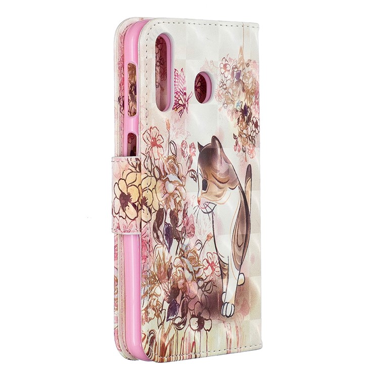 For Samsung Galaxy M30 Pattern Printing PU Leather Wallet Cell Phone Case - Cat and Flower-3