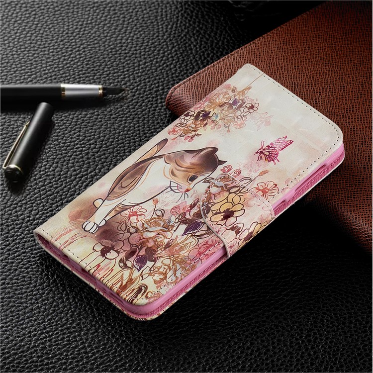 For Samsung Galaxy M30 Pattern Printing PU Leather Wallet Cell Phone Case - Cat and Flower-6