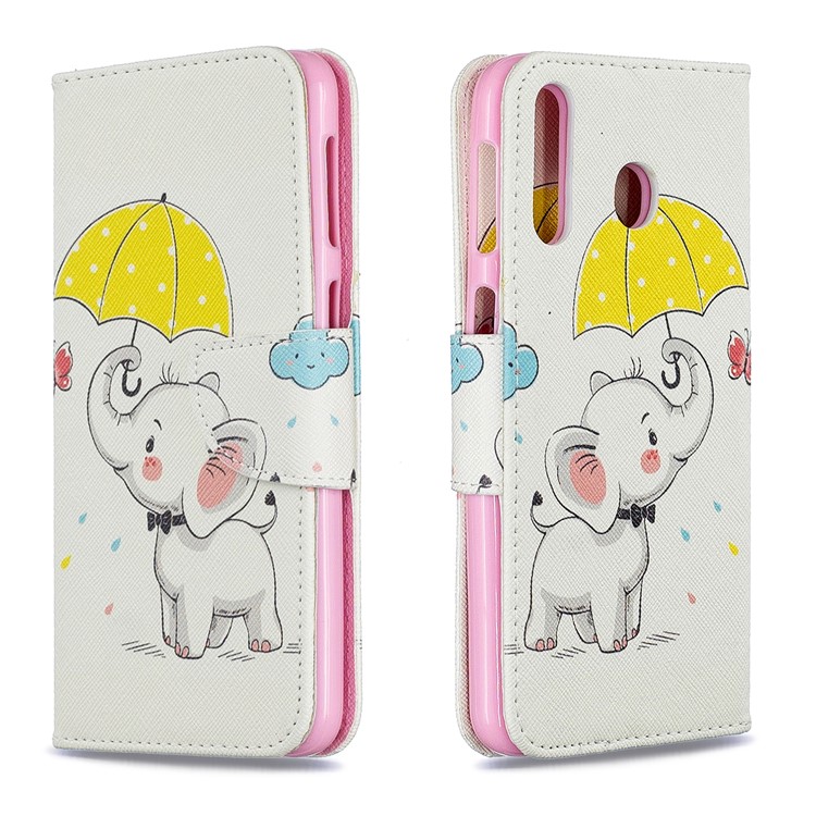 Pattern Printing Leather Wallet Case for Samsung Galaxy M30 - Elephant Holding an Umbrella-4