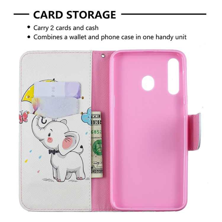Pattern Printing Leather Wallet Case for Samsung Galaxy M30 - Elephant Holding an Umbrella-5