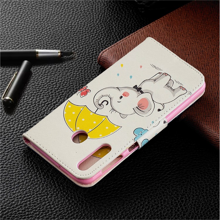Pattern Printing Leather Wallet Case for Samsung Galaxy M30 - Elephant Holding an Umbrella-7