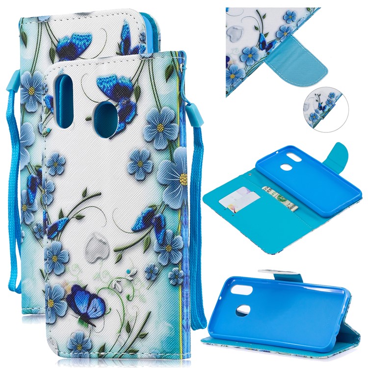 Caso De Carteira De Couro De Impressão Padrão Para Samsung Galaxy M20 - Flor Azul E Borboleta-1