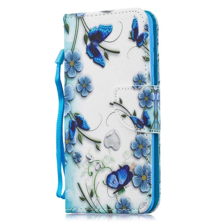 Caso De Carteira De Couro De Impressão Padrão Para Samsung Galaxy M20 - Flor Azul E Borboleta-2