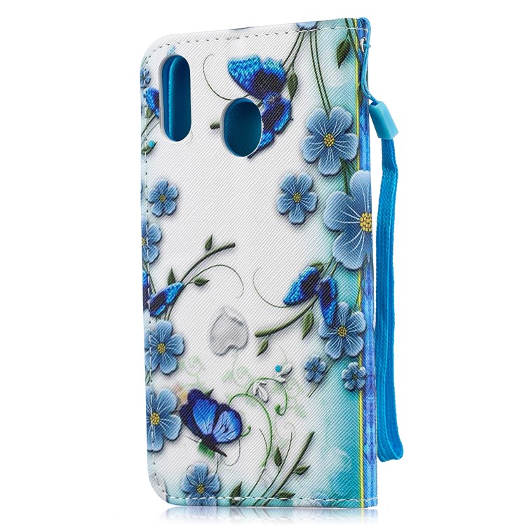 Caso De Carteira De Couro De Impressão Padrão Para Samsung Galaxy M20 - Flor Azul E Borboleta-3