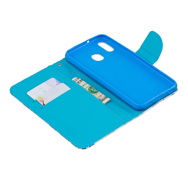 Caso De Carteira De Couro De Impressão Padrão Para Samsung Galaxy M20 - Flor Azul E Borboleta-4