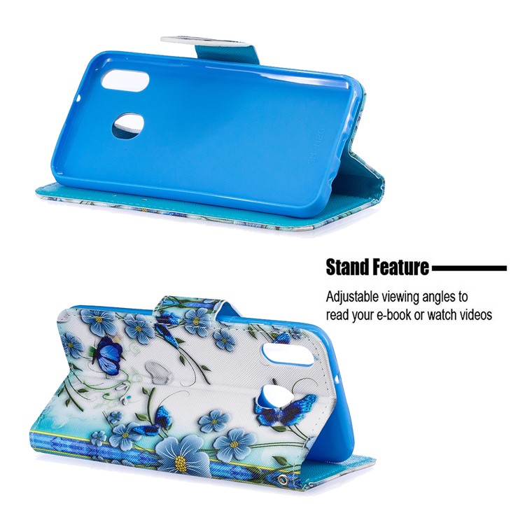 Caso De Carteira De Couro De Impressão Padrão Para Samsung Galaxy M20 - Flor Azul E Borboleta-5