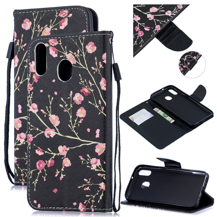 Caso De Carteira De Couro De Impressão Padrão Para Samsung Galaxy M20 - Flor De Ameixa-1