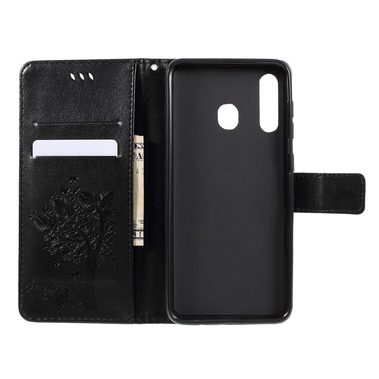 Imprint Cat and Tree Pattern Leather Wallet Case for Samsung Galaxy A30/A20 - Black-9