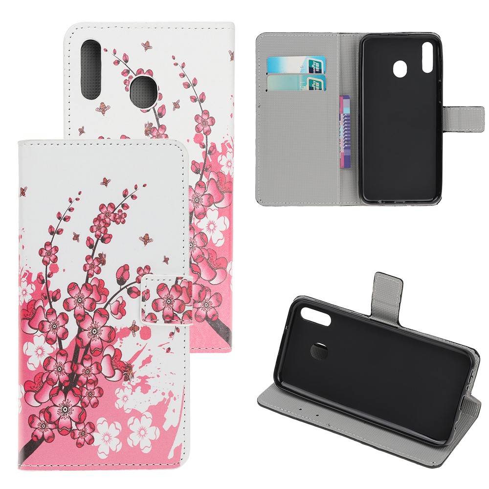 Brieftaschenständer Aus Leder Mit Musterdruck Für Samsung Galaxy A40 - Pflaumenblüte-1