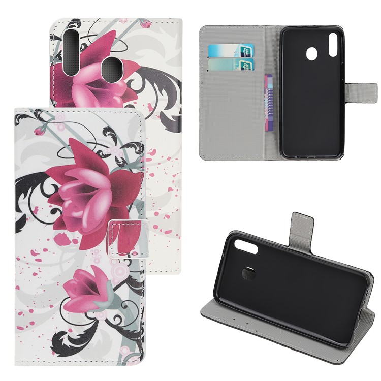 Carcasa Con Estampado De Patrón, Cubierta De Cuero Con Tapa Para Samsung Galaxy M30 - Flor Purpura-1