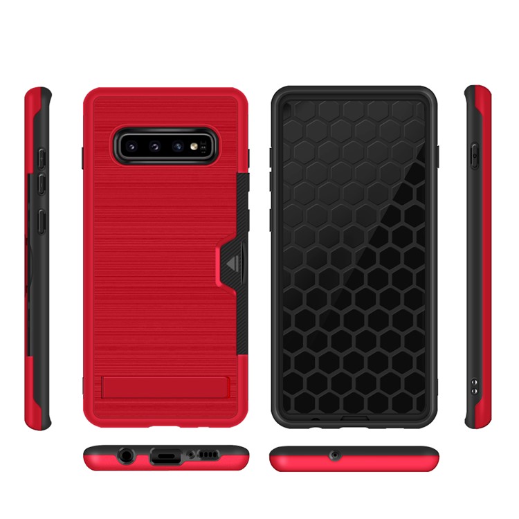 Brushed Plastic + TPU Mobile Phone Case with Card Holder and Kickstand for Samsung Galaxy S10 Plus - Red-2