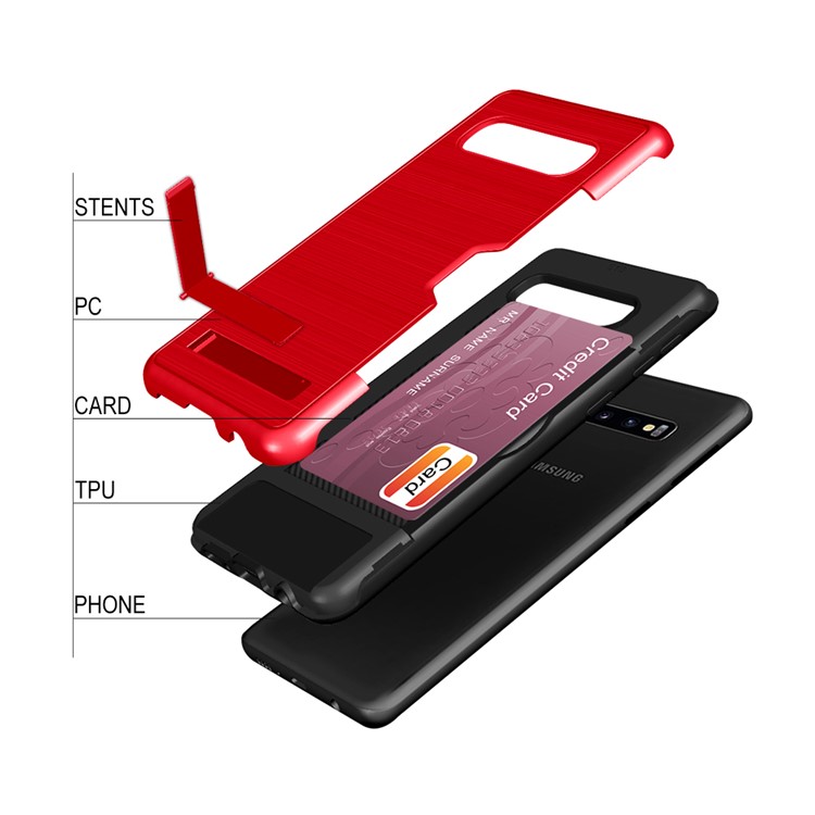 Brushed Plastic + TPU Mobile Phone Case with Card Holder and Kickstand for Samsung Galaxy S10 Plus - Red-4