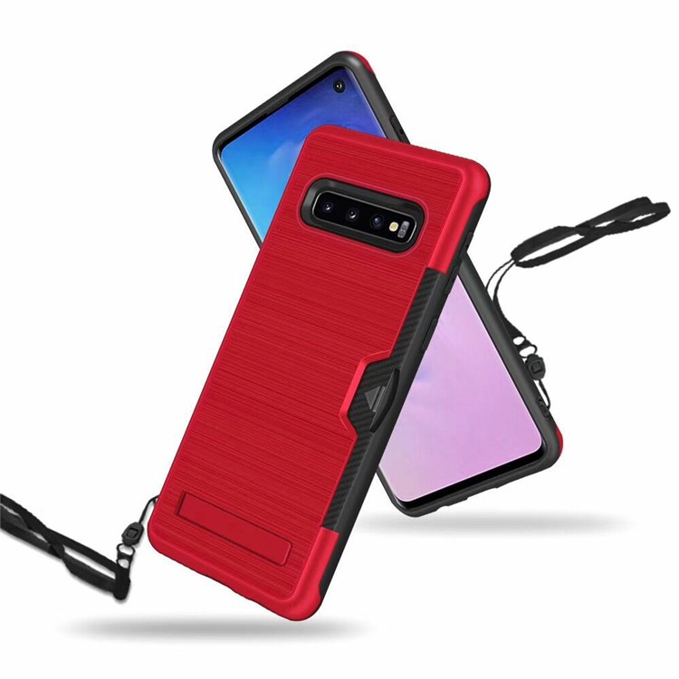 Brushed Plastic + TPU Mobile Phone Case with Card Holder and Kickstand for Samsung Galaxy S10 Plus - Red-5