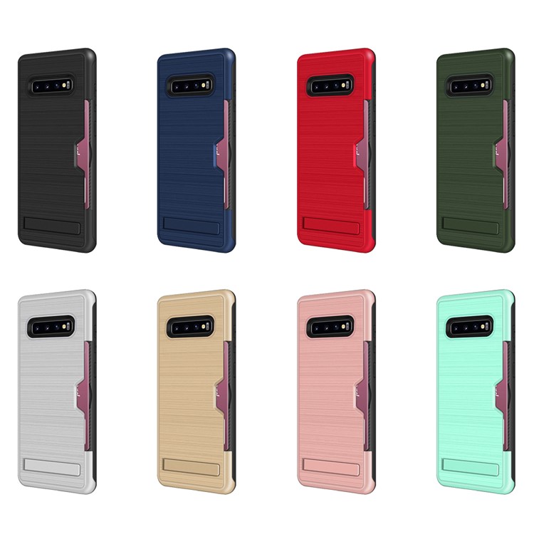 Brushed Plastic + TPU Mobile Phone Case with Card Holder and Kickstand for Samsung Galaxy S10 Plus - Red-6