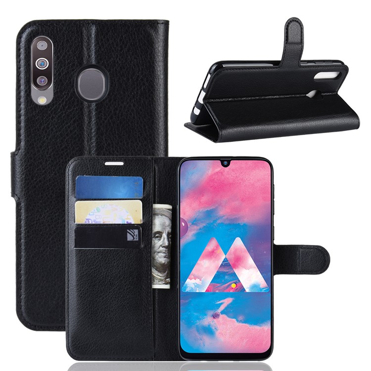 Litchi Skin PU Leather Protection Phone Case Cover for Samsung Galaxy M30 - Black-1