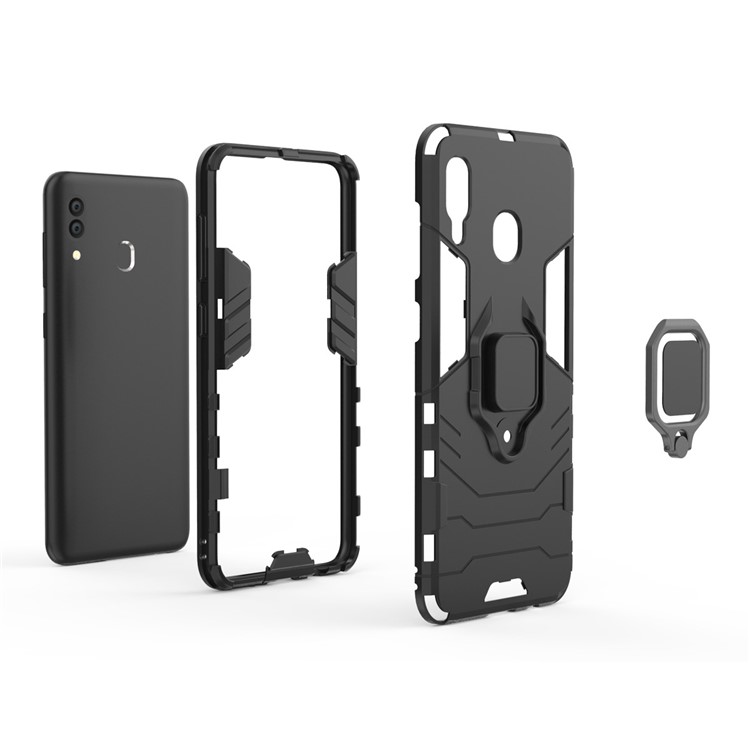 Cool Guard Ring Holder Kickstand PC TPU Hybrid Case Per Samsung Galaxy A30 / A20 - Nero