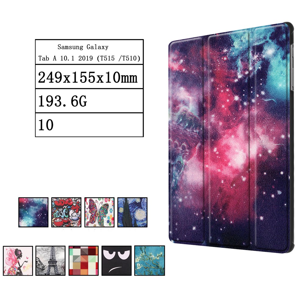 Impressão de Padrões Resistentes A Desgaste de Roupas PU Tri-fold Stand Alow/sleep Case Para Samsung Galaxy Tab A 10.1 (2019) SM-T510 (wi-fi)/sm-t515 (LTE) - Padrão de Galáxia