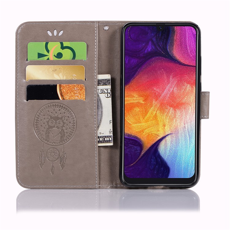 Imprinted Dream Catcher Owl Leather Wallet Case for Samsung Galaxy A70 - Grey-4