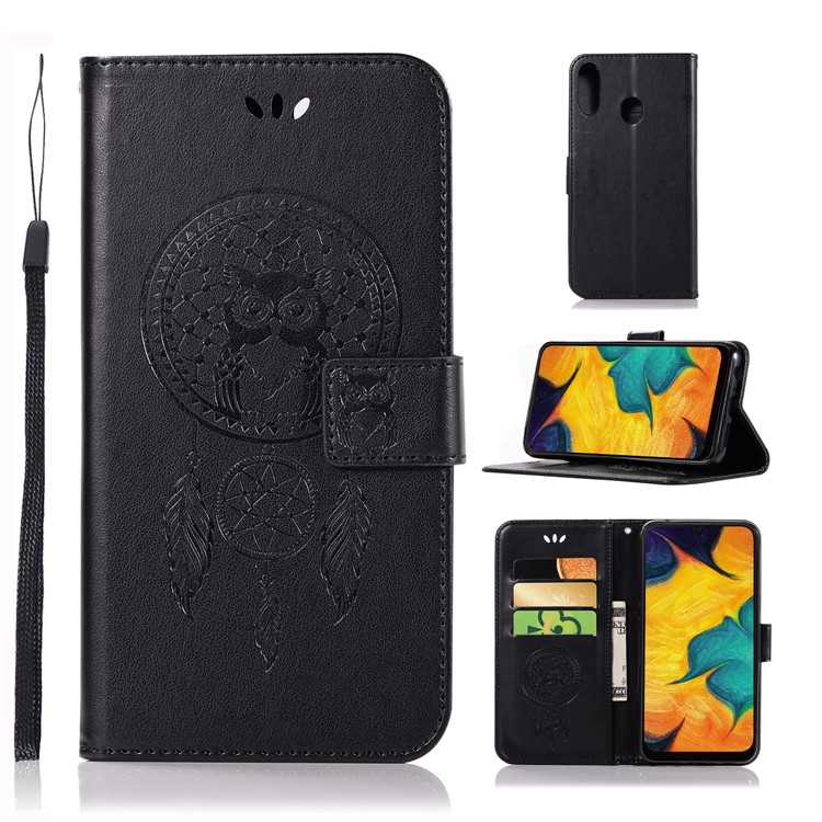 Imprinted Dream Catcher Owl Leather Wallet Case for Samsung Galaxy A40 - Black-1