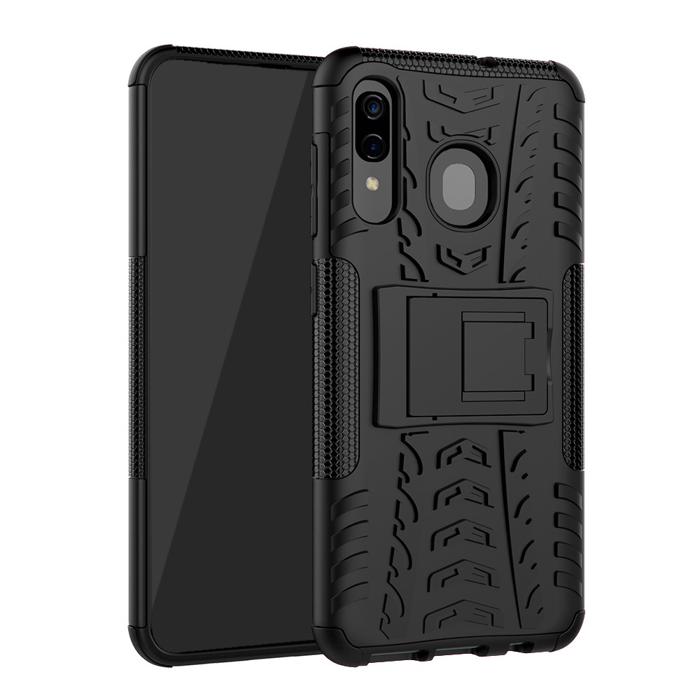 Pour Samsung Galaxy A50 / A30 / A20 Cool Tire PC + TPU Hybrid Case Avec Kickstand - le Noir