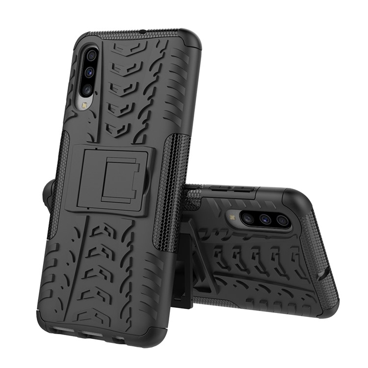 Per Samsung Galaxy A70 Cool Pneumatico PC + copertura Protettiva Ibrida In TPU Con Cavalletto - Nero-2