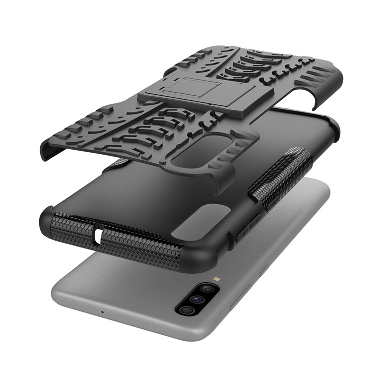 Per Samsung Galaxy A70 Cool Pneumatico PC + copertura Protettiva Ibrida In TPU Con Cavalletto - Nero-6