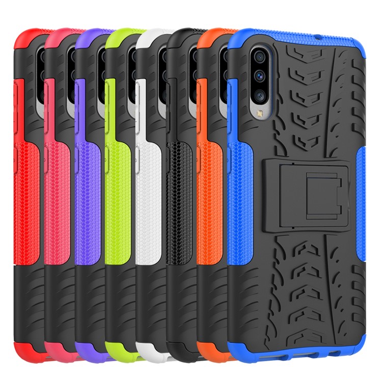 Per Samsung Galaxy A70 Cool Pneumatico PC + copertura Protettiva Ibrida In TPU Con Cavalletto - Nero-9
