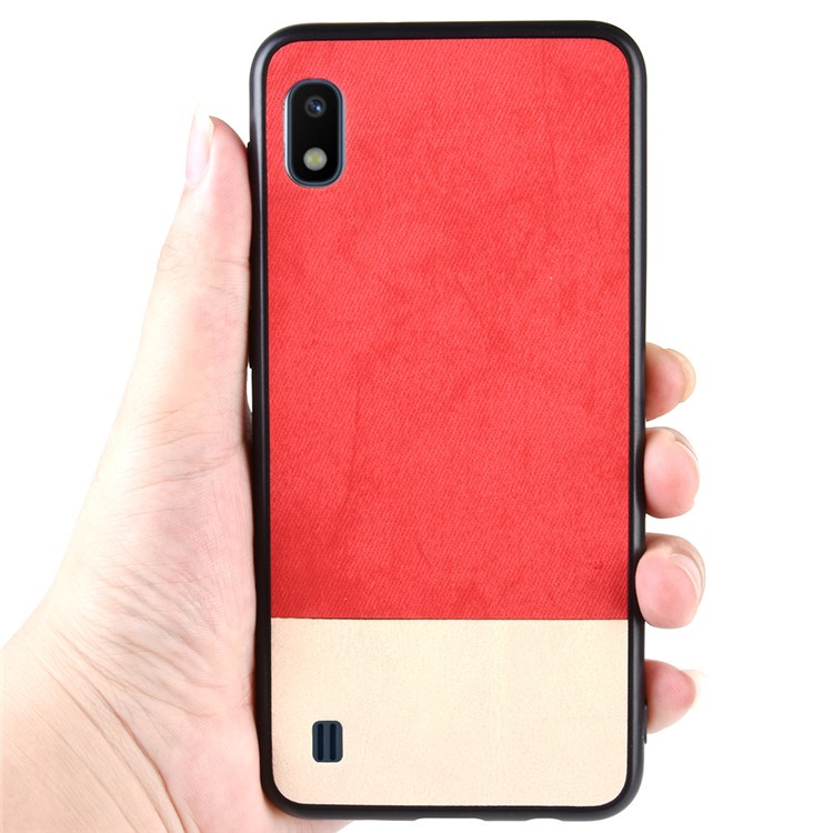 Bi-color Splicing PU Leather Coated PC TPU Hybrid Case Cover for Samsung Galaxy A10 - Red-4