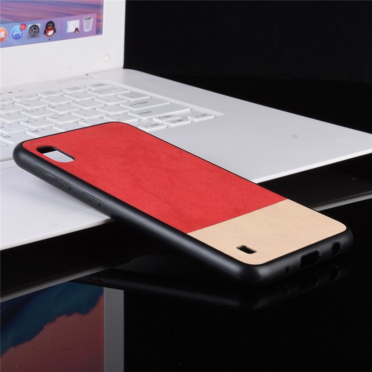 Bi-color Splicing PU Leather Coated PC TPU Hybrid Case Cover for Samsung Galaxy A10 - Red-6