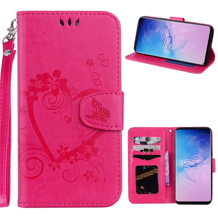 Imprint Heart Flower Leather Wallet Case with Strap for Samsung Galaxy S10 - Rose-1