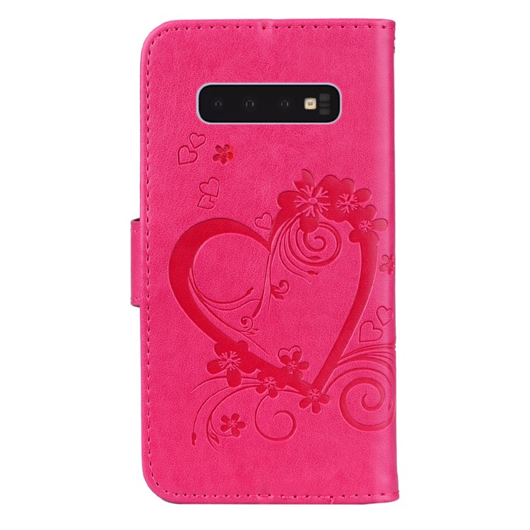 Imprint Heart Flower Leather Wallet Case with Strap for Samsung Galaxy S10 - Rose-3