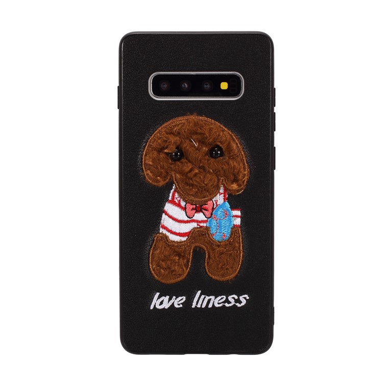 

Чехол Для Телефона С Вышивкой ТПУ Для Samsung Galaxy S10 - Черная / Коричневая Собака С Бантом, Galaxy S10
