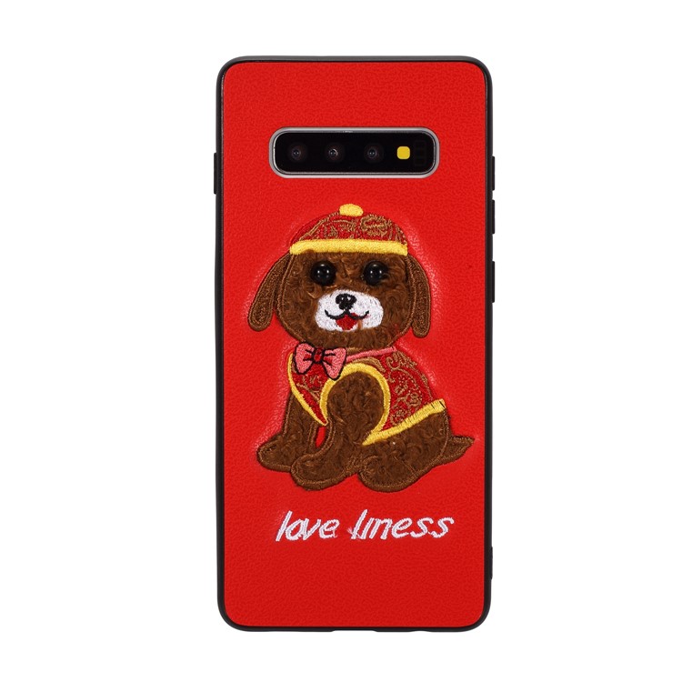 

Embroidery Pattern Cloth Coated TPU Phone Case for Samsung Galaxy S10 - Red/Dog Wearing Hat, Galaxy S10