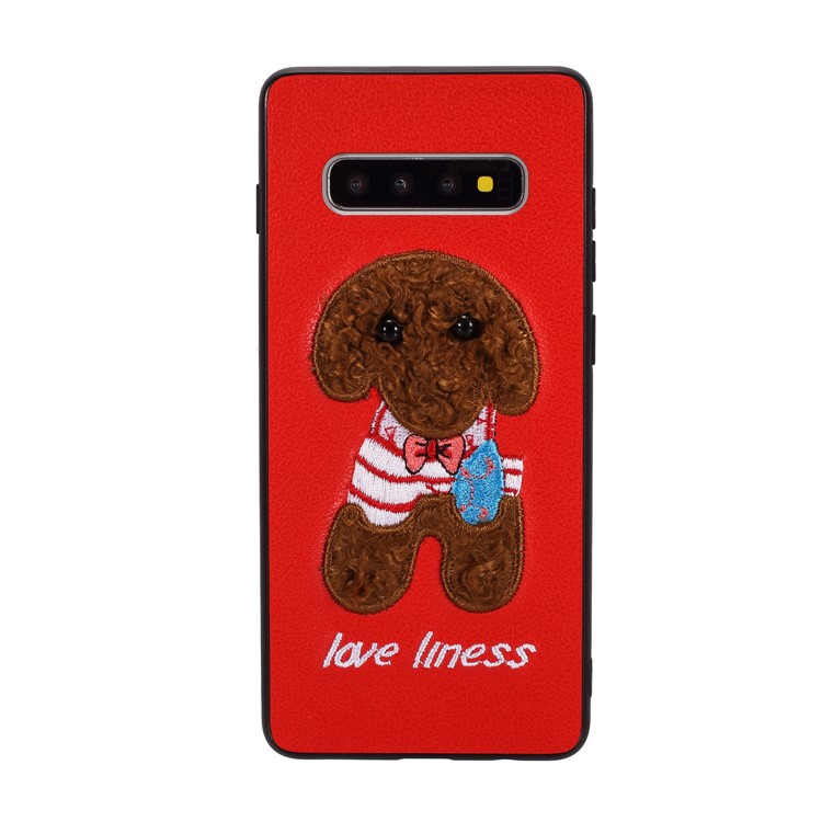 

Вышивка С Тканевым Покрытием ТПУ Задняя Крышка Для Samsung Galaxy S10 Plus - Красно-коричневая Собака С Бантом, Galaxy S10 Plus