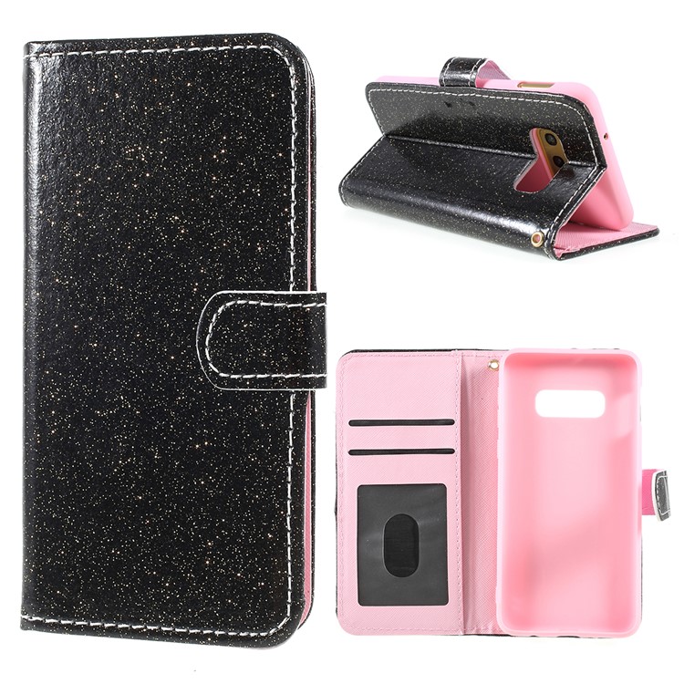 Flash Powder Wallet Stand PU Leather Mobile Cover for Samsung Galaxy S10e - Black-1