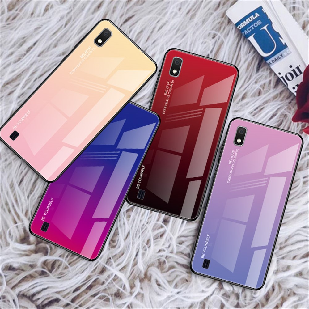 اكل قطط رخيص Verre Couleur Gradient Étui Hybride PC TPU Pour Samsung Galaxy A10 - Bleu / Rose