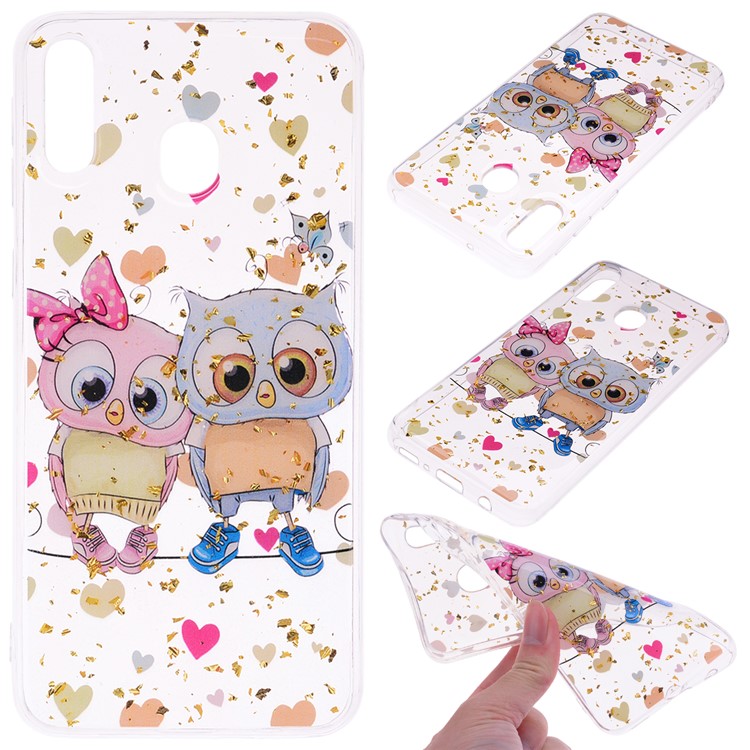 Glitter Sequins Inlaid Patterned TPU Phone Cover for Samsung Galaxy M30 - Owls-1