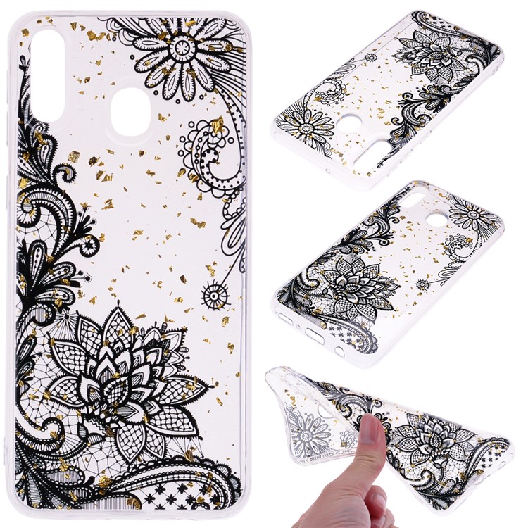 Glitter Sequins Inlaid Patterned TPU Phone Cover for Samsung Galaxy M30 - Black Lace-1