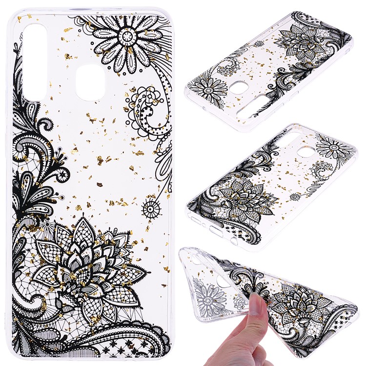 Glitter Sequins Inlaid Patterned TPU Phone Cover for Samsung Galaxy A30 / A20 - Black Lace-1