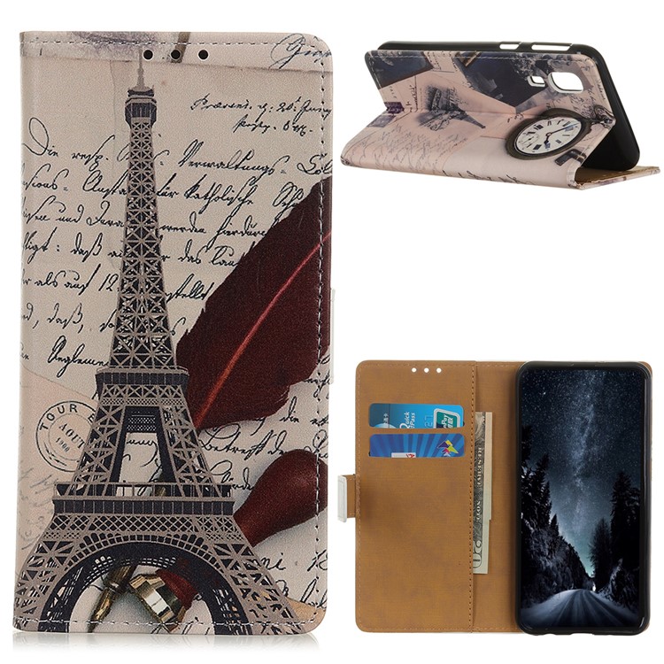 Pattern Printing Leather Wallet Case for Samsung Galaxy A2 Core - Eiffel Tower and Characters-1