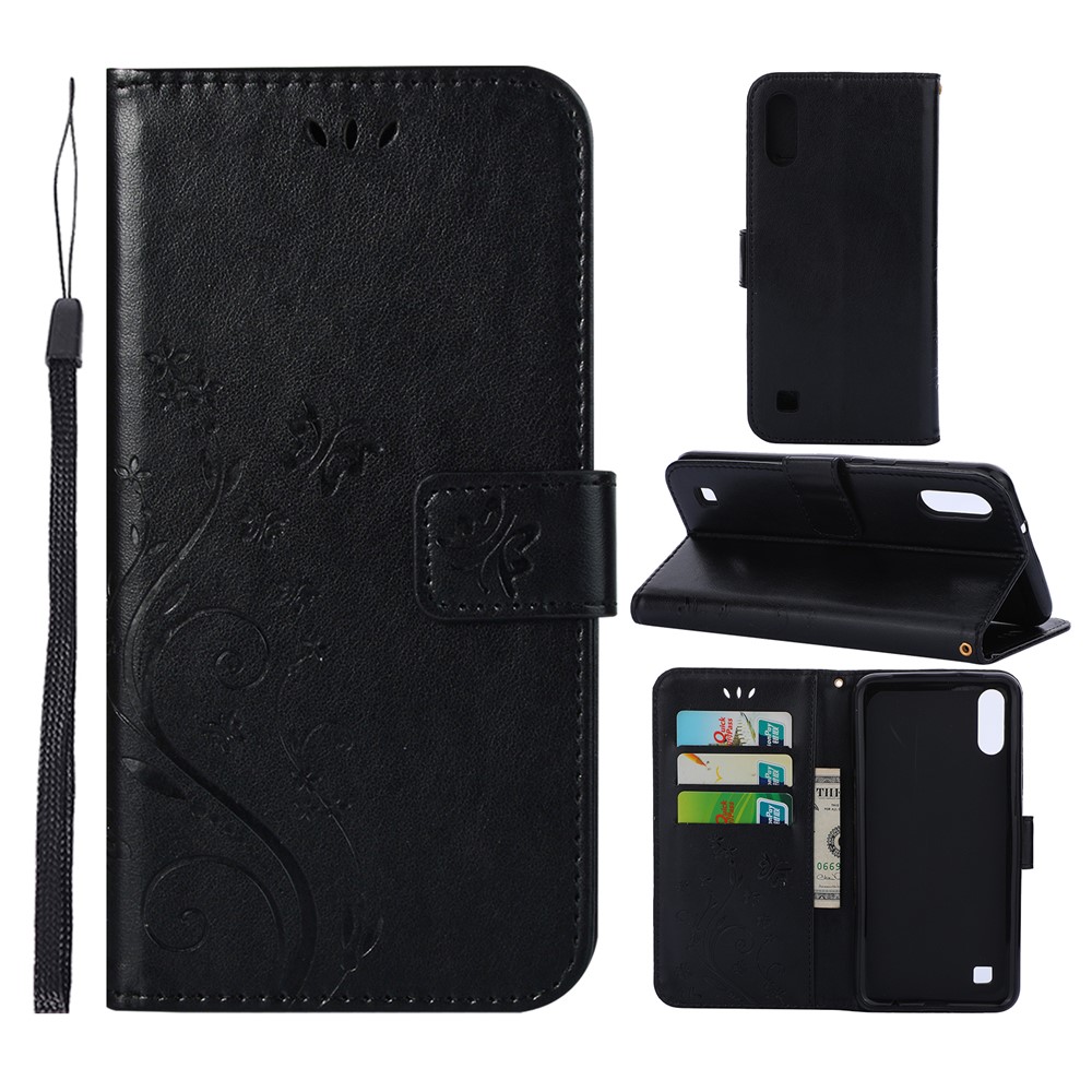 Imprint Butterfly Flower Leather Wallet Case for Samsung Galaxy A10 - Black-1