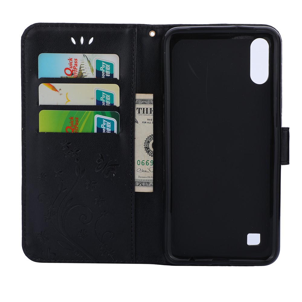 Imprint Butterfly Flower Leather Wallet Case for Samsung Galaxy A10 - Black-3