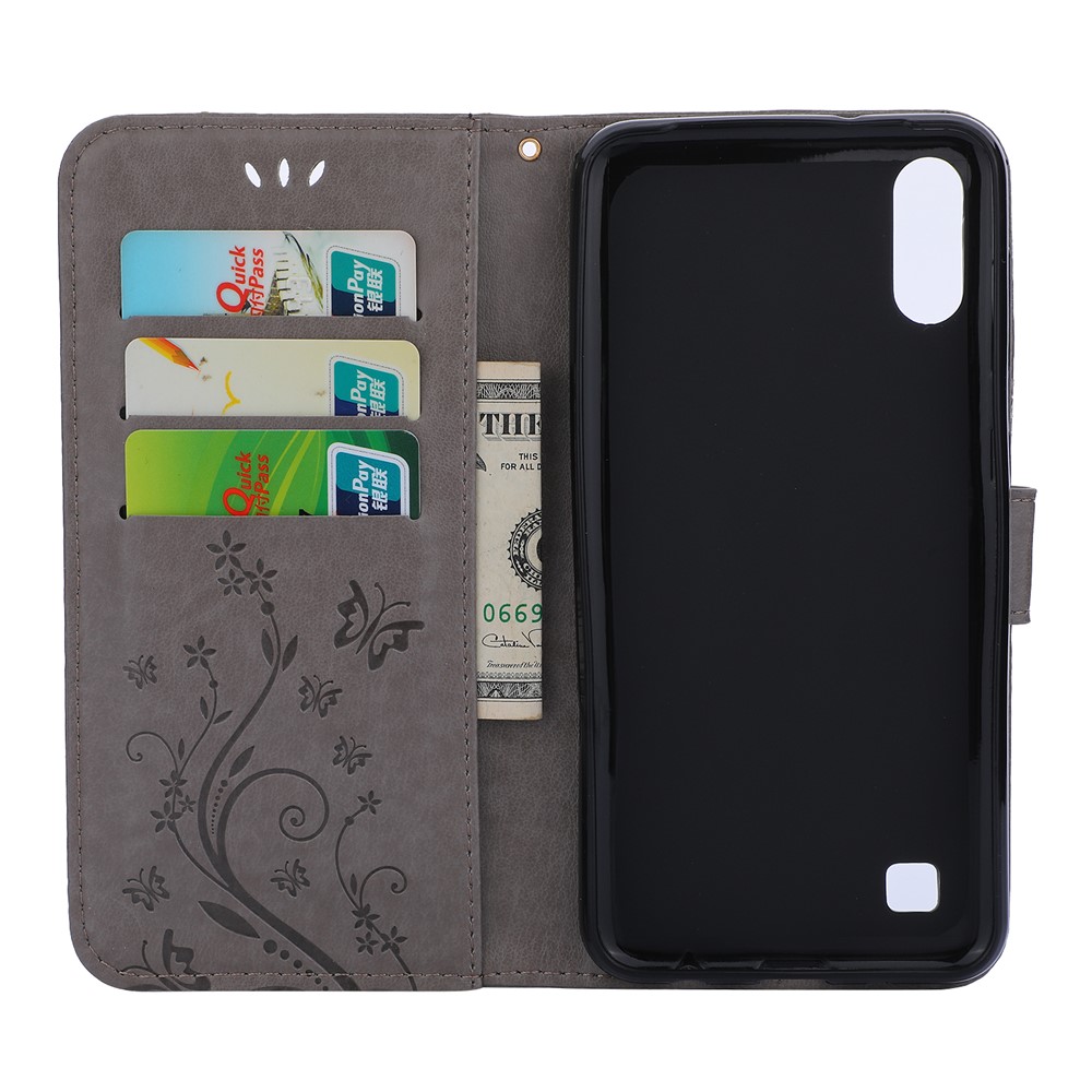 Imprint Butterfly Flower Leather Wallet Case for Samsung Galaxy A10 - Grey-3